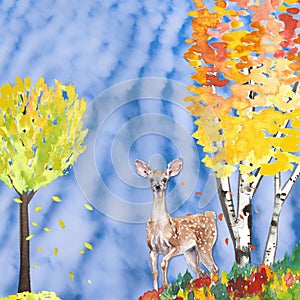 Watercolor illustration of a deer under trees full of autumn leaves