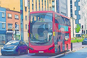 Watercolor illustration depicting a traditional double-decker red bus, urban public transport