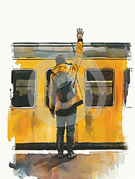 A watercolor illustration depicts a person saying farewell to a yellow train. The painting evokes the transient nature