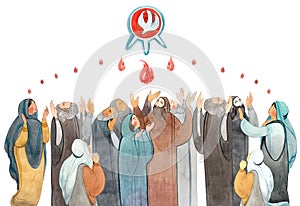 Watercolor illustration Descent of the Holy Spirit on the Apostles,