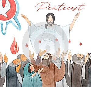 Watercolor illustration Descent of the Holy Spirit on the Apostles, Holy Trinity Day, Pentecost, whitsunday