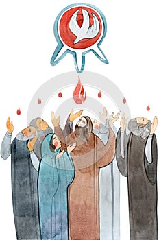 Watercolor illustration Descent of the Holy Spirit on the Apostles, Holy Trinity Day, Pentecost, whitsunday