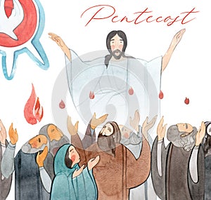 Watercolor illustration Descent of the Holy Spirit on the Apostles, Holy Trinity Day, Pentecost, whitsunday photo