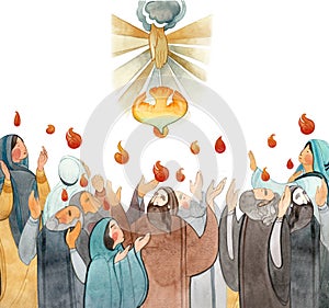 Watercolor illustration Descent of the Holy Spirit on the Apostles, Holy Trinity Day, Pentecost, whitsunday. Praying men and women photo