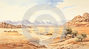 Watercolor Illustration Of Desert Scenery In Saudi Arabia