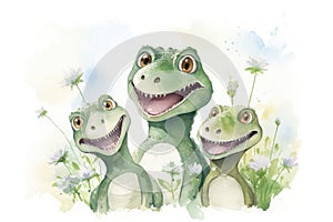 Watercolor illustration of a dinosaur mom and her kids with flowers around on a white background.