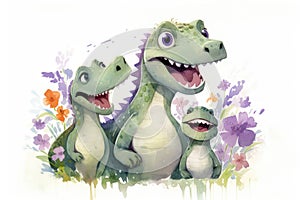 Watercolor illustration of a dinosaur mom and her kids with flowers around on a white background.