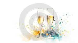 Watercolor illustration displaying a pair of champagne glasses with sparkling wine against a white backdrop, a perfect