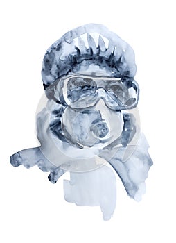 Watercolor illustration of doctor or nurse in personal protect equipment as glasses, respirator and covering. Hand painted in