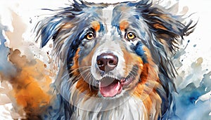 Watercolor illustration of dog Australian Shepherd breed. Puppy portrait, cute home domestic pet