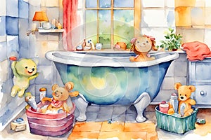 Watercolor illustration of a doll on the bathtub, surrounded by toys.