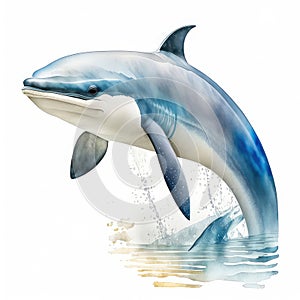 Watercolor illustration of a dolphin jumping out of water. Isolated on white background. AI Generated animal ai