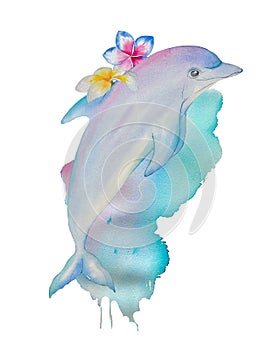 Watercolor illustration with a dolphin and tropical flowers. Paper texture, hand-drawn, isolate on a white background.