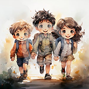 Watercolor illustration, drawing of young children going to school, cartoon