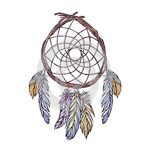 Watercolor illustration of dreamcatcher from branches of tree,