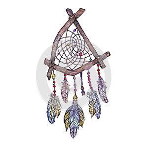 Watercolor illustration of dreamcatcher from branches of tree,