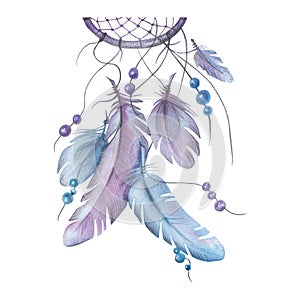 Watercolor illustration dreamcatcher lilac-blue with feathers and beads. Delicate lilac painted using colored pencils