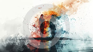 Watercolor Illustration of the duality of bipolar disorder with two silhouetted figures against a backdrop of splattered paint.