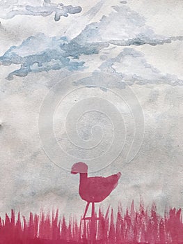 Watercolor illustration of a duck standing on a meadow in the clouds