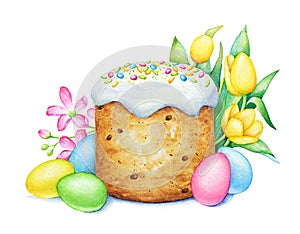 Easter cake with eggs and flowers