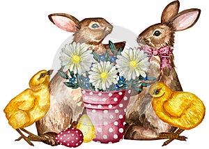 Watercolor Illustration Easter Rabbit and Easter Egg.