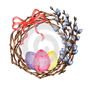 Watercolor illustration of an Easter wreath made of twigs and willow branches with a bow and painted eggs