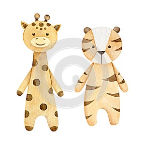 Watercolor illustration eco baby toys. Nursery decor, giraffe and tiger. Hand drawn isolated on white background.
