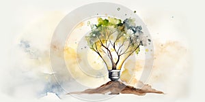 Watercolor Illustration Of Eco Concept Of Growing Tree In A Bulb