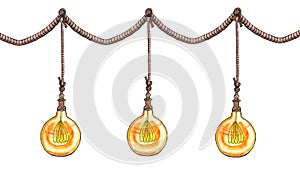 Watercolor illustration. Edison lamps, loft style, vintage on a rope.