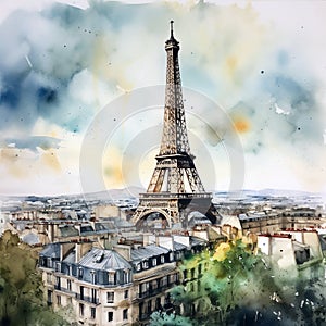 watercolor illustration Eiffel Tower in Paris