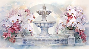 Watercolor Illustration Of An Elegant English Garden Fountain With White Flowers