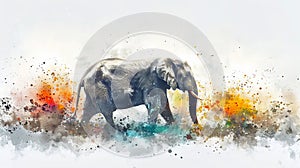 Watercolor illustration of elephant with a vibrant abstract background. Elephant art. Concept of colorful design