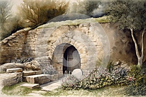 Watercolor illustration of the empty tomb carved out of rock in a beautiful garden