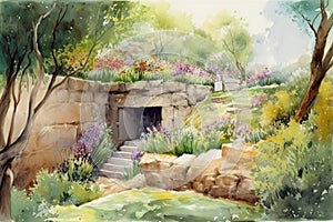 Watercolor illustration of the empty tomb carved out of rock in a beautiful garden