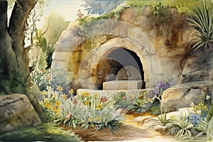 Watercolor illustration of the empty tomb carved out of rock in a beautiful garden