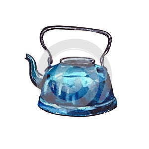 Watercolor illustration.enameled vintage teapot in blue .old retro tableware.Isolated on a white background
