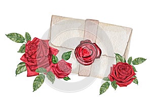 Watercolor illustration of envelope with love letter and red wax seal