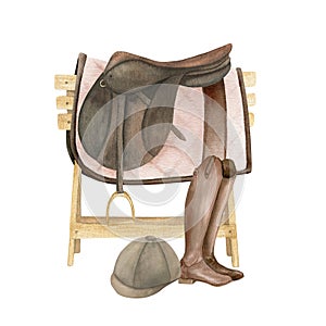 Watercolor illustration of equestrian equipment, ammunition and accessories for horse riding. Saddle, saddle pad on a