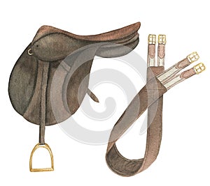 Watercolor illustration of equestrian equipment brown saddle and girth, ammunition and accessories for horse riding