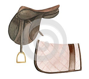 Watercolor illustration of equestrian equipment brown saddle and saddle pad, ammunition and accessories for horse riding