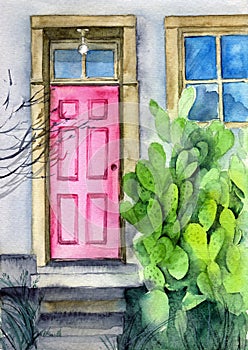 Watercolor illustration of the facade of an old house with a pink wooden door and a green cactus