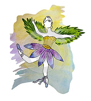 Watercolor illustration of a faceless ballerina-girl in a tutu-flower and with wings-leaves on the background of a formless spot