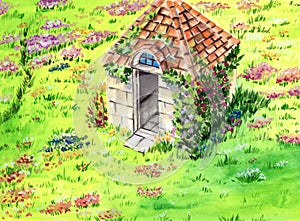 Watercolor illustration of a fairy-tale house under a tiled roof on a green meadow