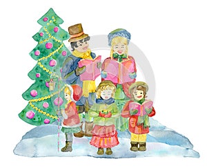 Watercolor illustration with family choir singing carols by decorated conifer tree isolated on white