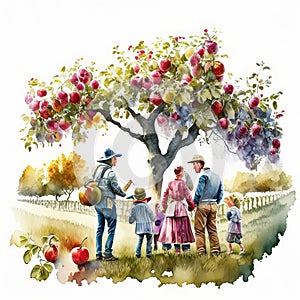 Watercolor illustration of family in the countryside with a blooming tree Generative AI animal ai