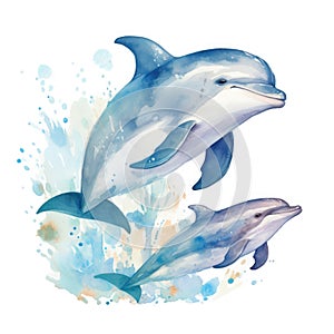 Watercolor illustration of a family of dolphins on a white background.