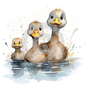 Watercolor illustration of a family of ducks, mom, dad and duckling on a white background.