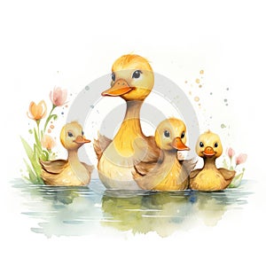 Watercolor illustration of a family of ducks, mother duck and ducklings on a white background.