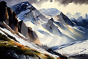 Watercolor illustration of the famous beautiful Swiss Alps