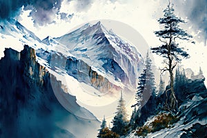 Watercolor illustration of the famous beautiful Swiss Alps